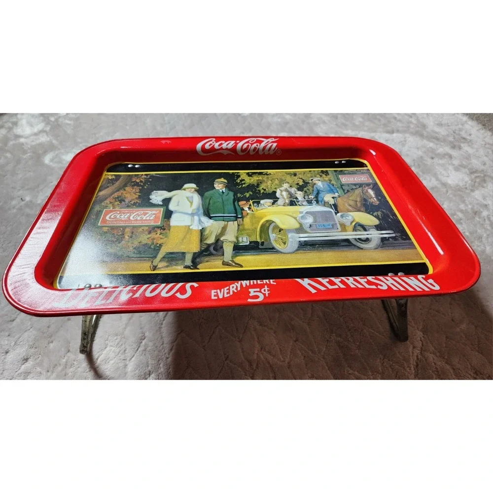 Coca-Cola Metal Serving Lap Tray 1987 Touring Car Vintage Red Soda Collectible
